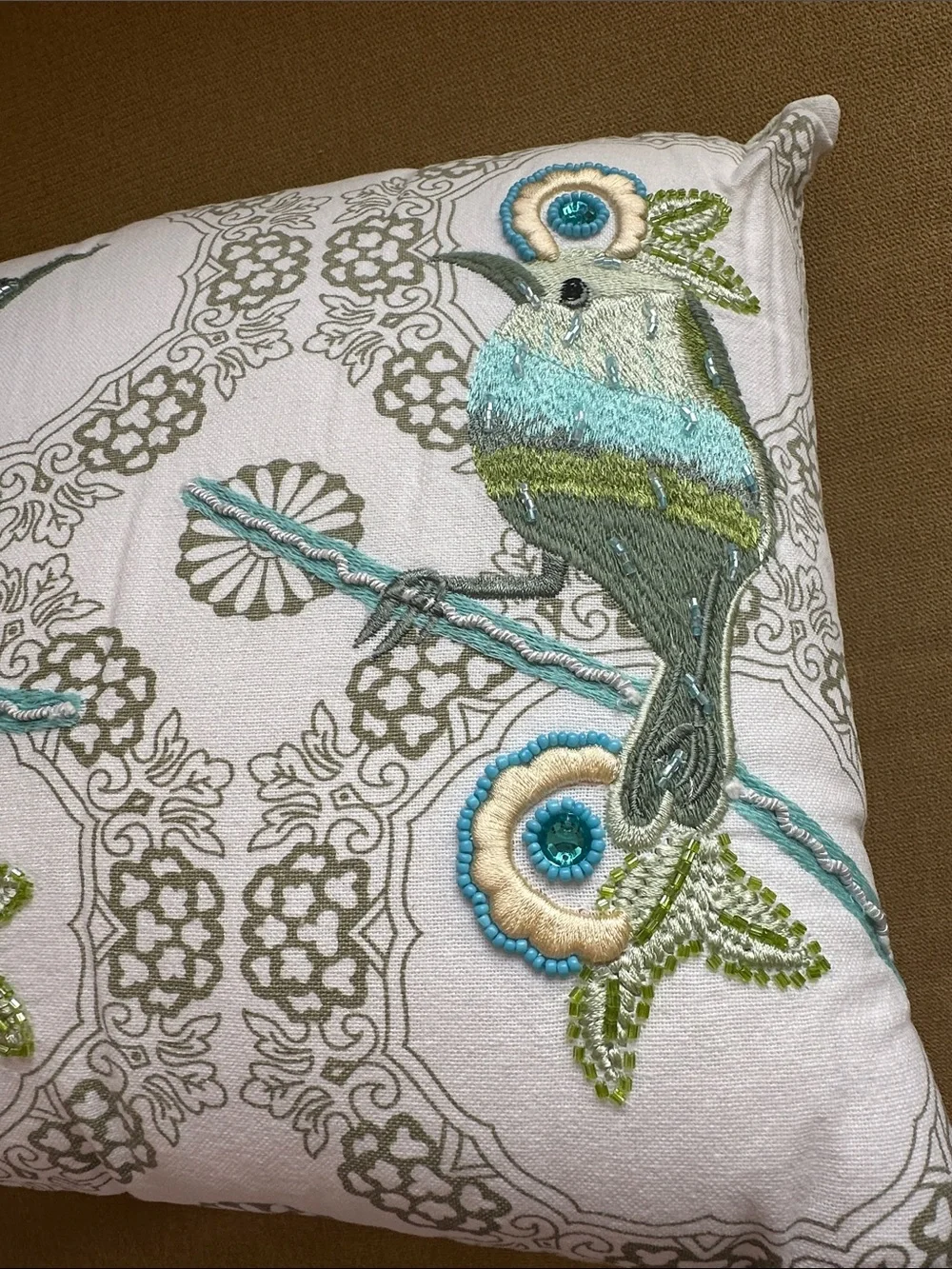 Pier 1 Decorative Pillow with Embroidered Blue-Green Birds